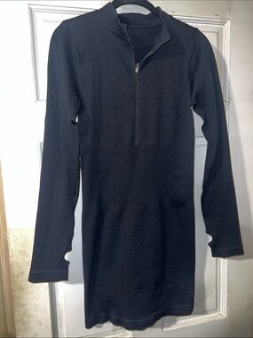 Ribbed Black Long Sleeve Half-Zip Fitted Dress
